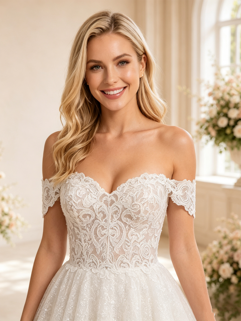 ChicSew Elegant Off The Shoulder A-Line Midi Lace Tulle Wedding Dresses