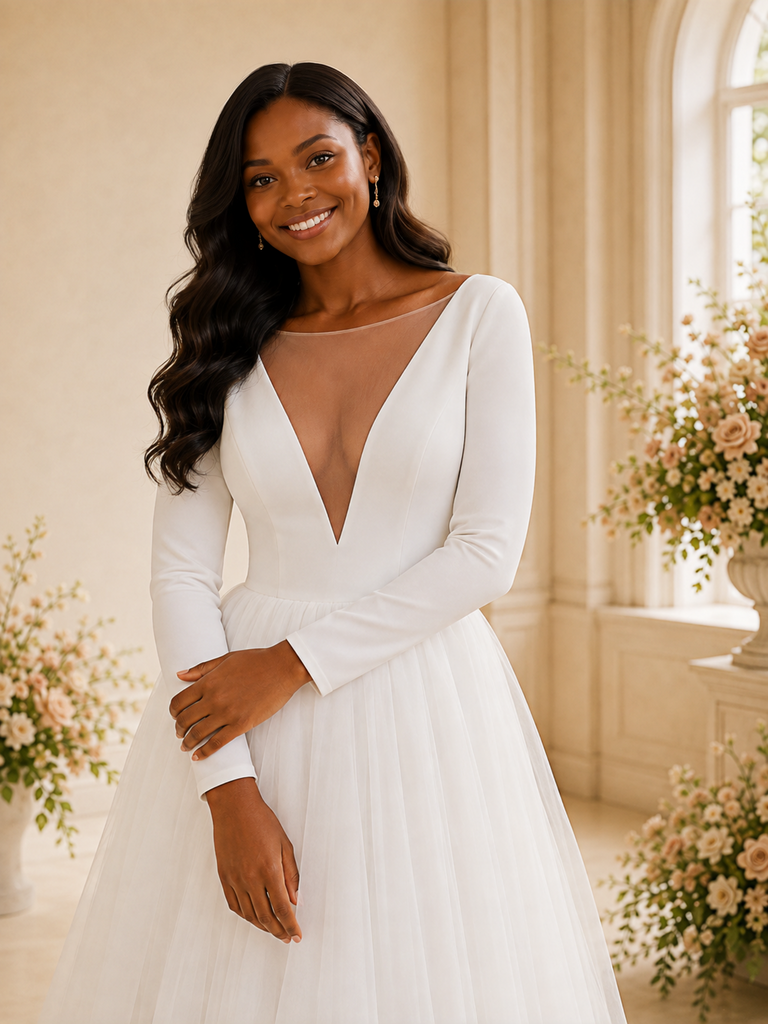 ChicSew Elegant Illusion Long Sleeves Crepe Tulle Tea-Length Wedding Dress