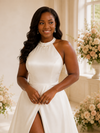 ChicSew Modern Satin High Neck Rhinestone A-Line Maxi Wedding Dress With Slit
