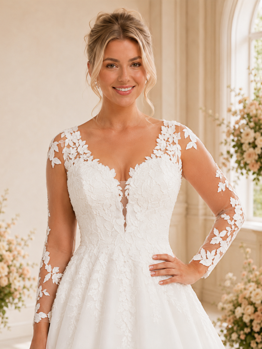 ChicSew Elegant Long Sleeves Lace Applique Chiffon A-Line Maxi Wedding Dress