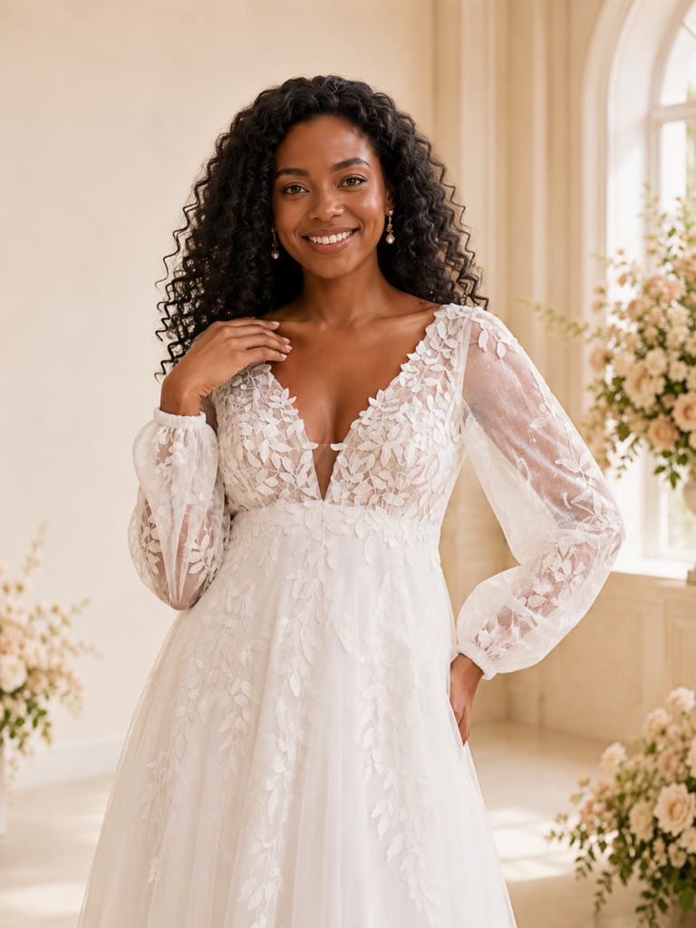 ChicSew Romantic V-Neck Long Sleeves Tulle Maxi Wedding Dress With Lace Appliques