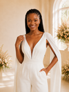 ChicSew Modern V-Neck Crepe Floor-Length Wedding Jumpsuit With Cape Sleeves