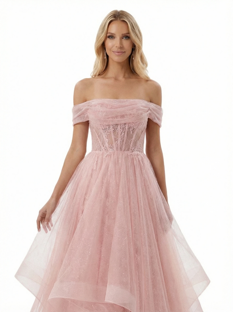 Elegant Off the Shoulder Lace Tiered Tulle Corset Ball Gown Prom Dresses