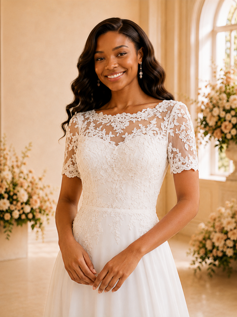 ChicSew Elegant Bateau Short Sleeves Chiffon Maxi Wedding Dress With Lace Appliques