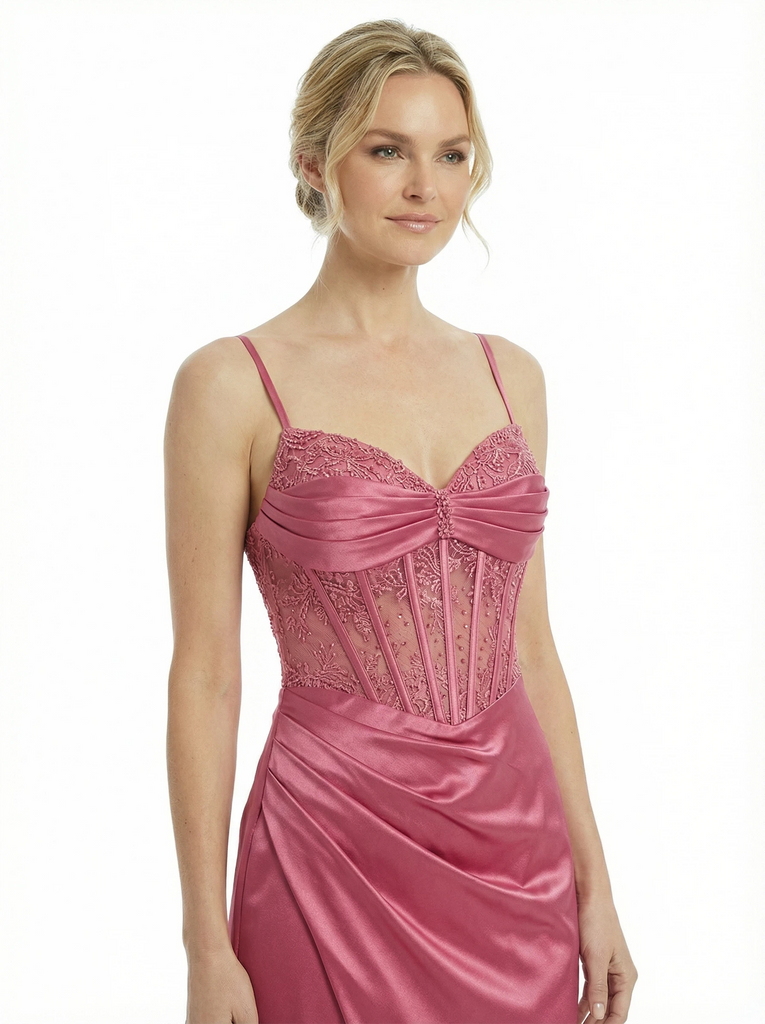 Beautiful Spaghetti Straps V-Neck Corset Lace Side Slit Mermaid Maxi Prom Gown