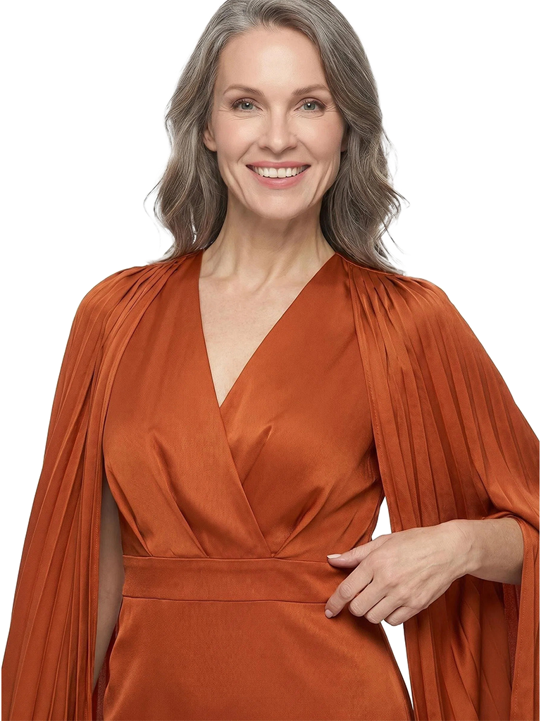 ChicSew Stunning Pleated Cape Sleeve Mother Of The Bride Dresses V-Neck Satin Fitted Midi Gown