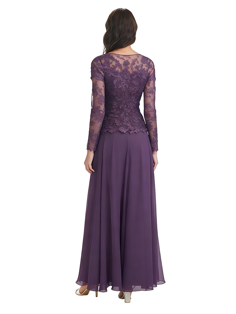 Elegant A-Line Lace Chiffon Long Sleeves Ankle-Length Mother of the Brides Dresses