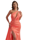 Sexy One Shoulder Mermaid Ruched Satin Formal Long Bridesmaid Dresses Side Split