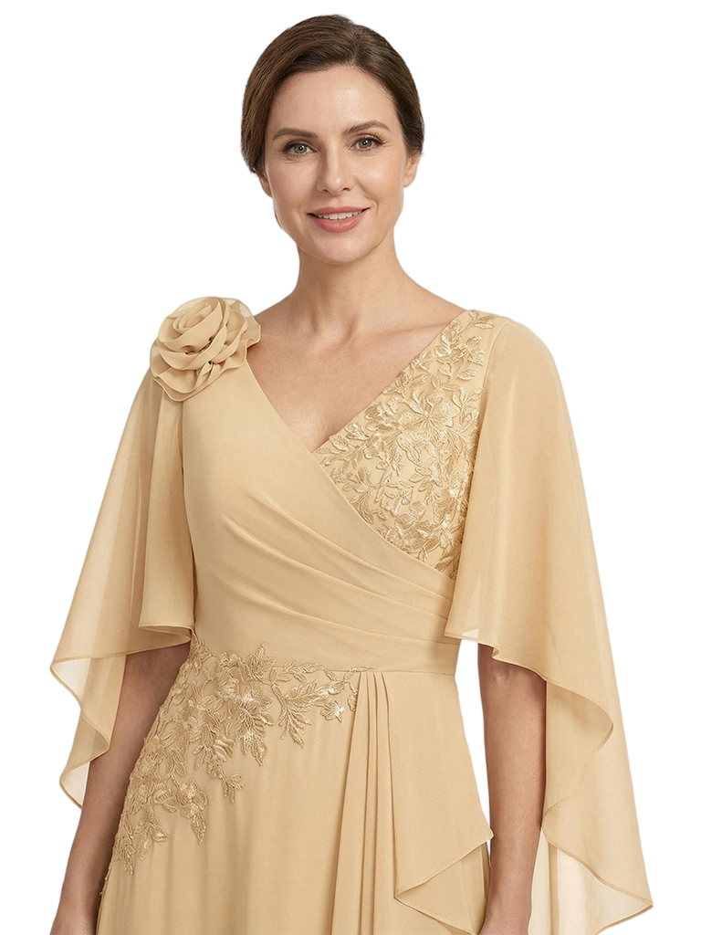 ChicSew V-Neck Flutter Sleeve Lace Side Ruffle Long Chiffon Mother Of The Bride And Groom Dresses
