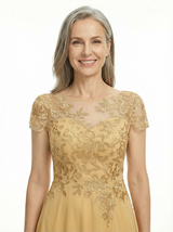 ChicSew Illusion Short Sleeve Lace Applique A Line Tea-Length Tulle Modern Mother of the Bride Dresses