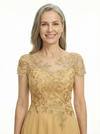 ChicSew Illusion Short Sleeve Lace Applique A Line Tea-Length Tulle Modern Mother of the Bride Dresses