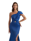 Sexy Unique One Shoulder Silky Satin Mermaid Long Bridesmaid Dresses Side Slit