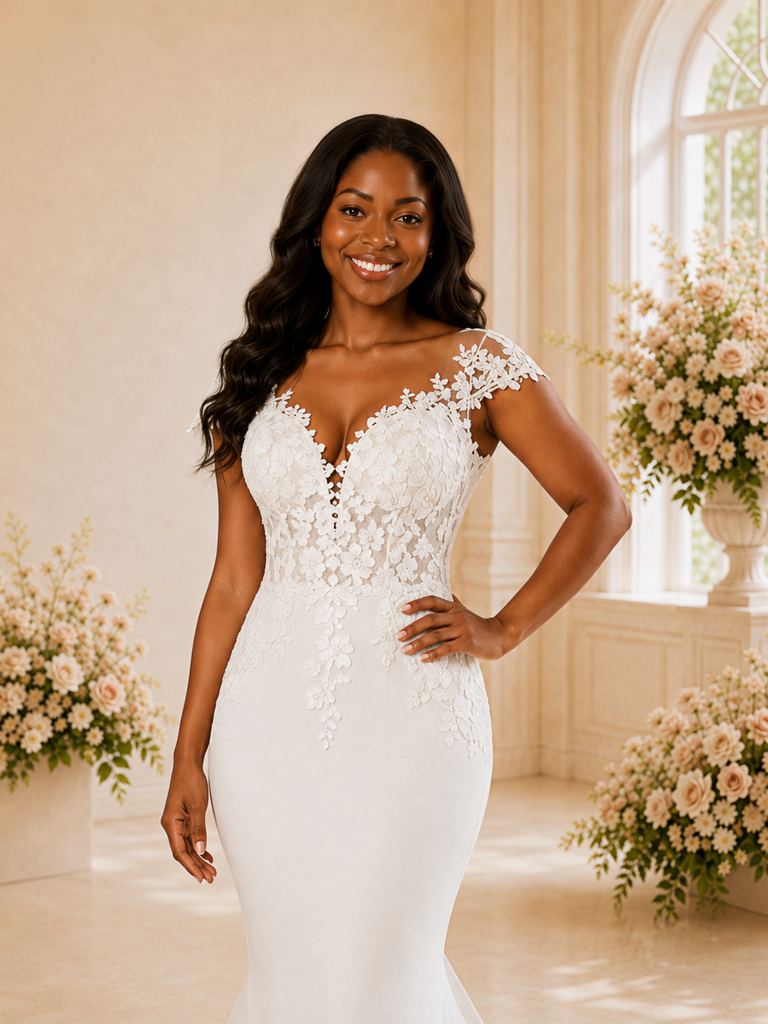 ChicSew Fancy V-Neck Crepe Mermaid Maxi Wedding Dress With Lace Applique