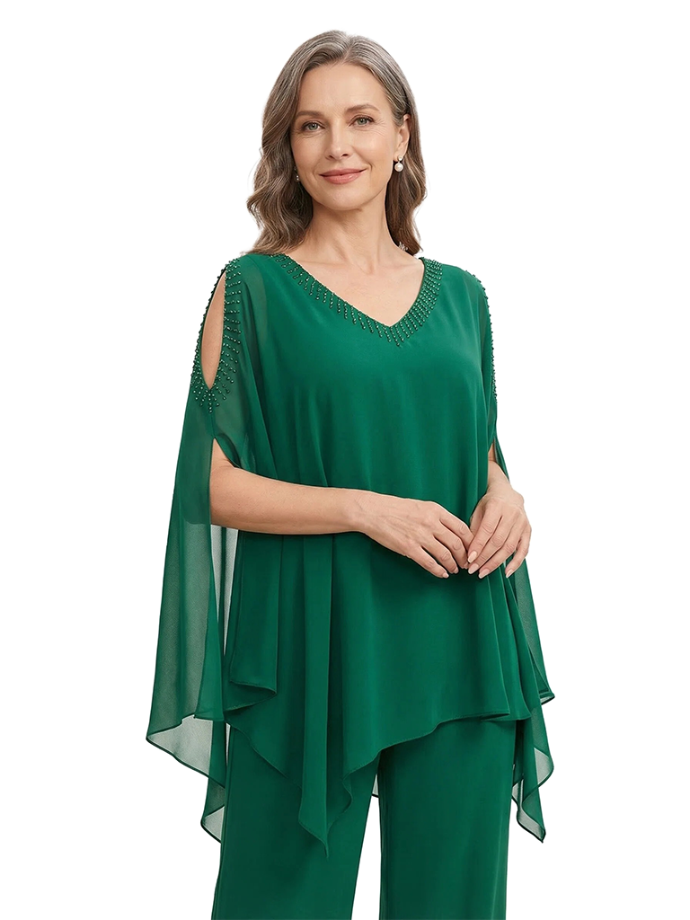 ChicSew Unique Beaded V-Neck Mother Of The Bride Pant Suits With Chiffon Cape Sleeves Set