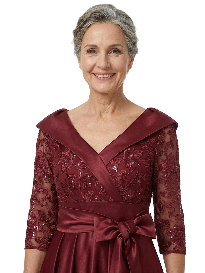 ChicSew Long Sleeve V-Neck Silky Satin Mother Of The Groom Dresses Lace Bodice Maxi A-Line Gown