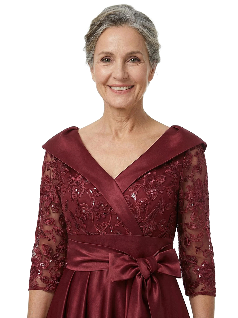 ChicSew Long Sleeve V-Neck Silky Satin Mother Of The Groom Dresses Lace Bodice Maxi A-Line Gown