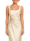 ChicSew Spaghetti Straps Square Rhiestone Ruched Slit Sheath Long Satin Evening Bridesmaid Gowns