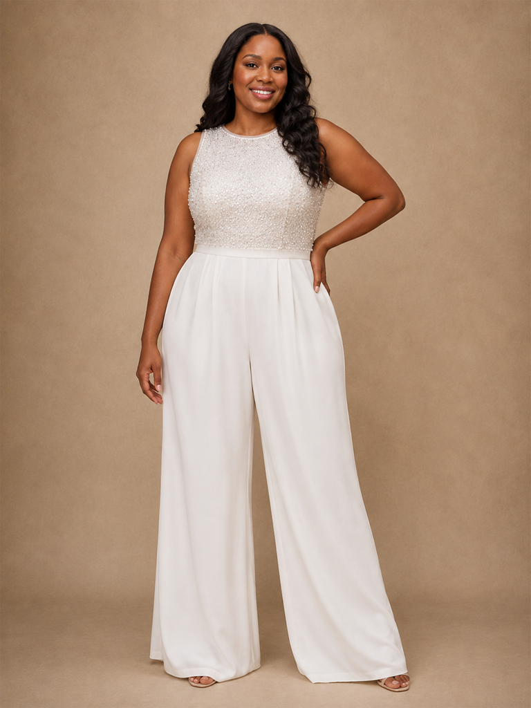 ChicSew Modern Round Neck Sleeveless Crepe Floor-Length Wedding Jumpsuit With Beading