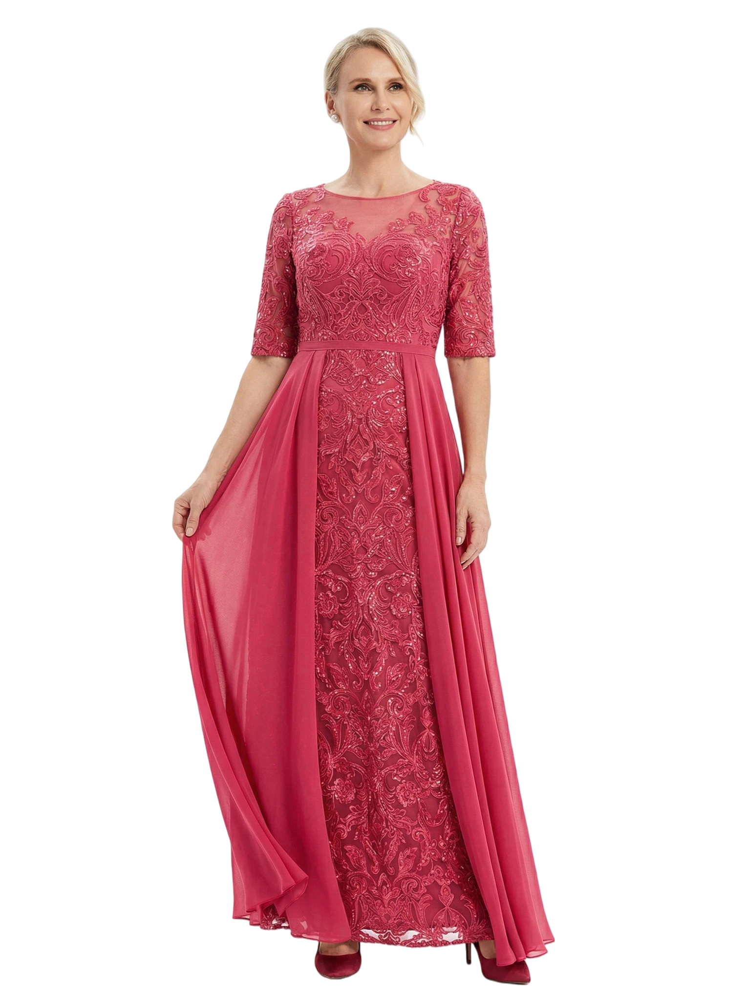 Chicsew Jewel Half Sleeve Lace Applique Chiffon A-Line Floor Length Mother of the Bride Dresses