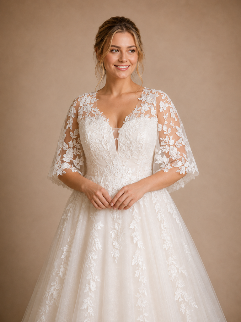 ChicSew Romantic Unique V-Neck A-Line Lace Tulle Flutter Sleeves Maxi Wedding Dresses