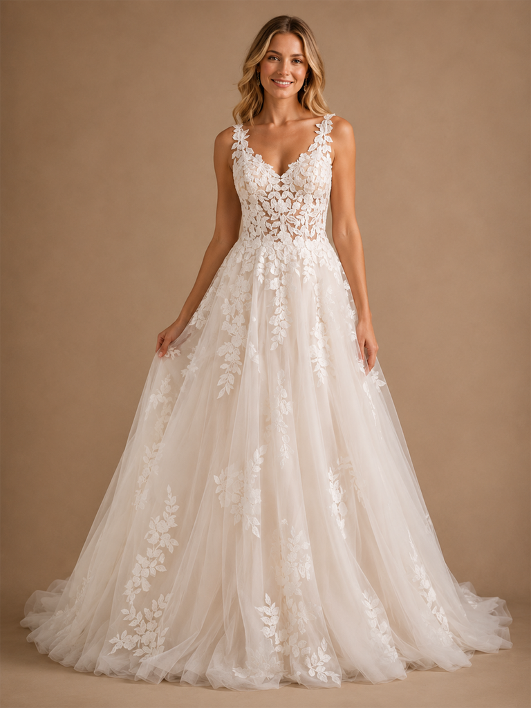ChicSew Romantic Spaghetti Straps Tulle Lace Appliques A-Line Maxi Wedding Dress