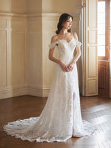 Sexy Side Split Cold Shoulder A-line Open Back V-neck Maxi Long Lace Wedding Dresses Online