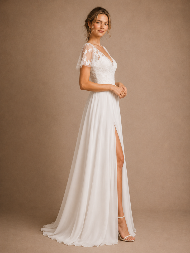 ChicSew Fancy V-Neck Short Sleeves Lace Chiffon A-Line Maxi Wedding Dress