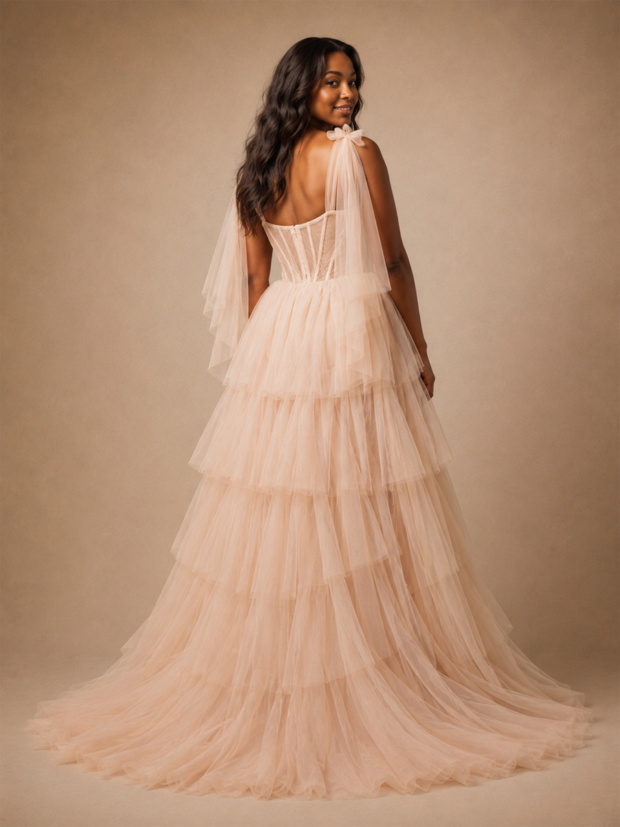 ChicSew Beautiful Spaghetti Straps Side Slit Tiered A-Line Lace Tulle Maxi Long Wedding Dress