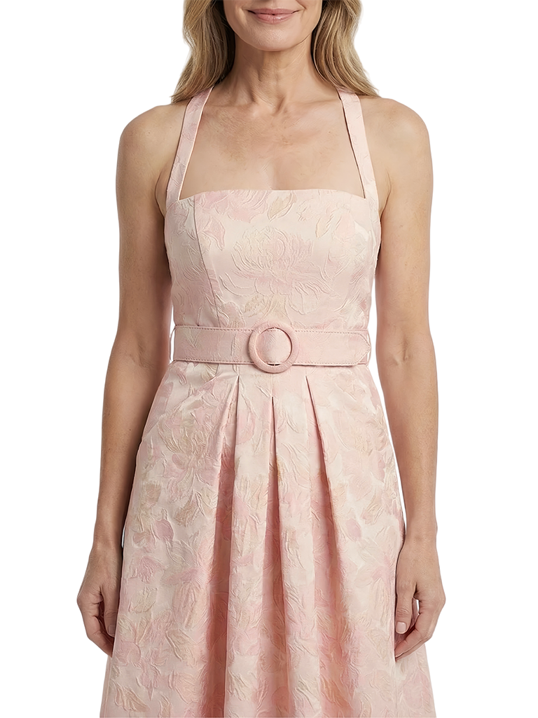 Chicsew Square Sleeveless Floral Jacquard Midi Length Belted Detail Modern Mother of the Bride Dresses