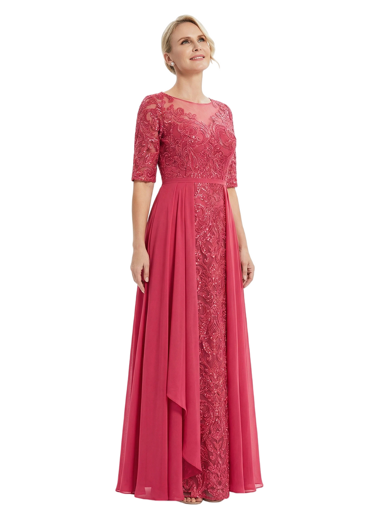 Chicsew Jewel Half Sleeve Lace Applique Chiffon A-Line Floor Length Mother of the Bride Dresses