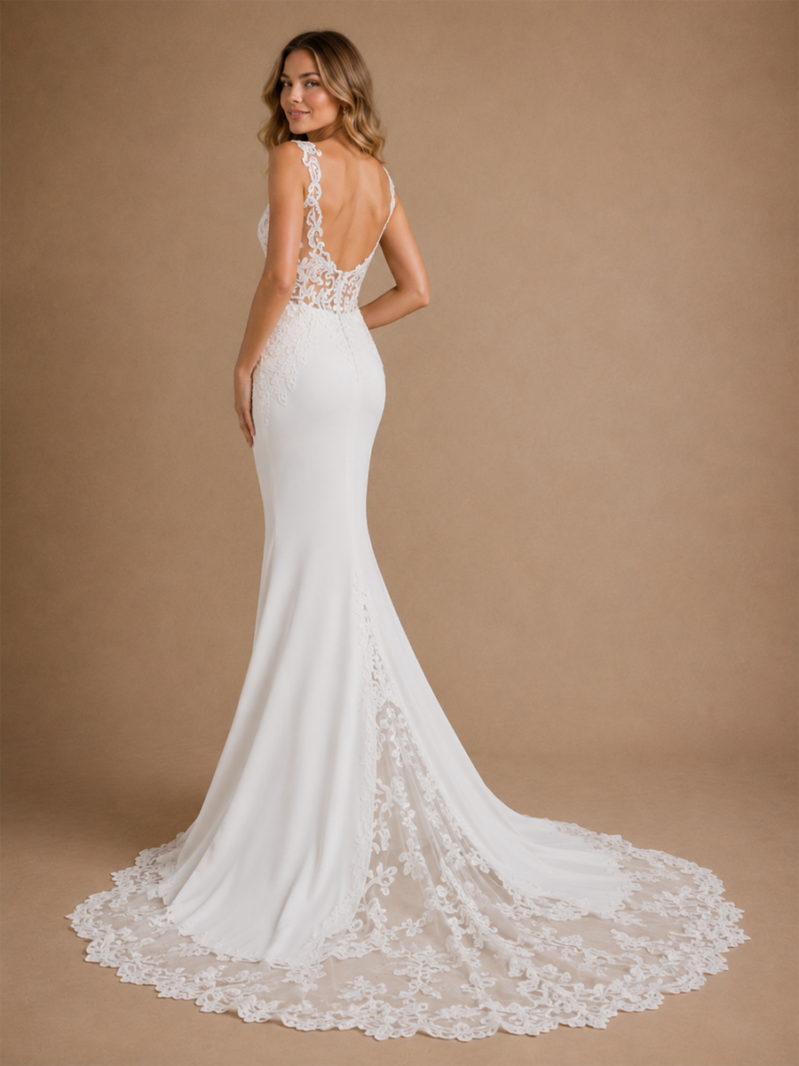 ChicSew Sexy Spaghetti Straps Sleeveless Mermaid  Lace Crepe Long Wedding Dress