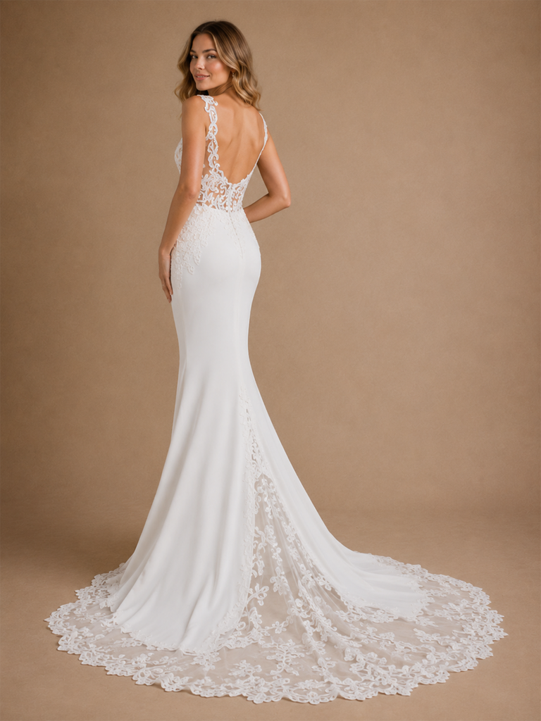 ChicSew Sexy Spaghetti Straps Sleeveless Mermaid  Lace Crepe Long Wedding Dress