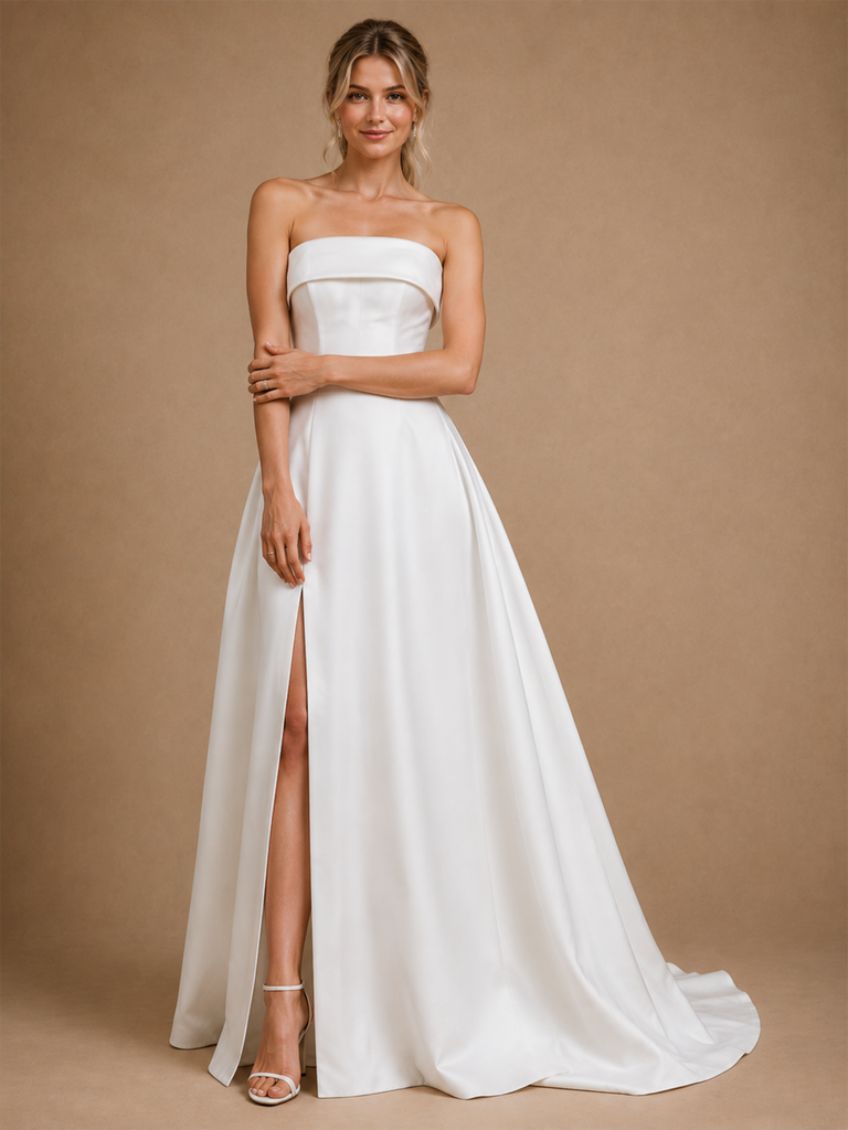 ChicSew Fancy Strapless Side Slit A-line Satin Floor-Length Wedding Dress