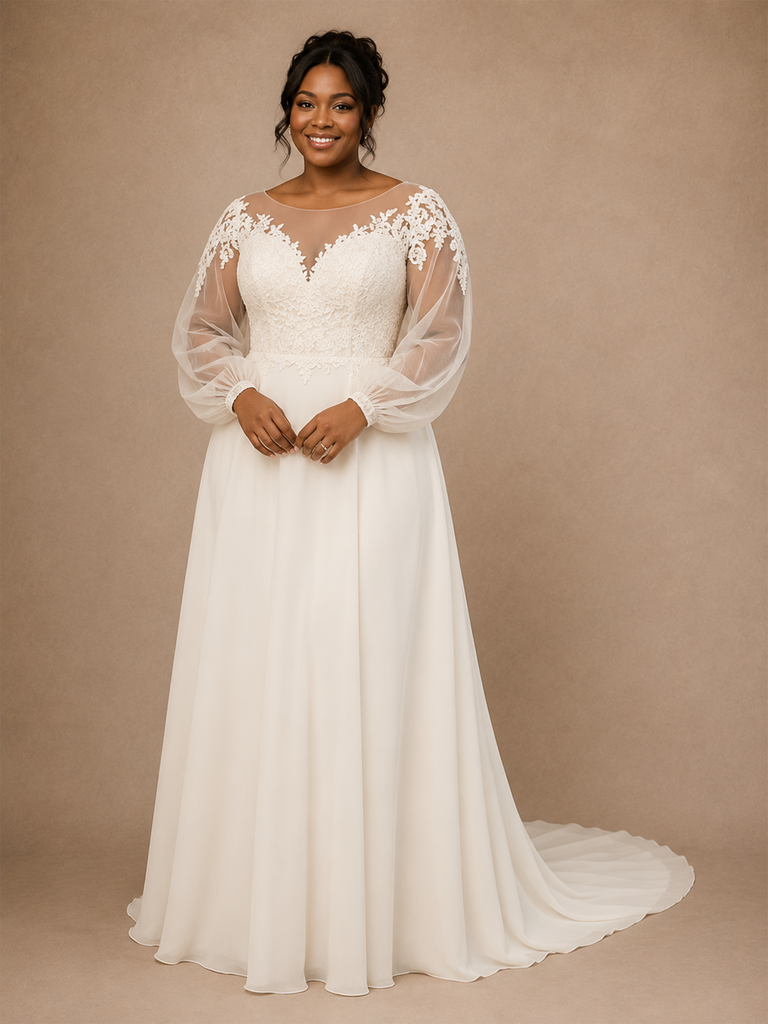 ChicSew Classy Illusion Lace Applique Chiffon Long Sleeves A-Line Floor-Length Wedding Dress