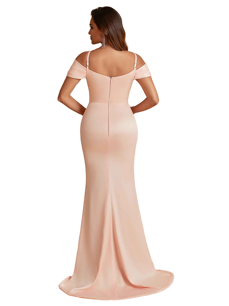 Elegant Cold Shoulder Mermaid Silky Satin Unique Long Bridesmaid Dresses Side Slit