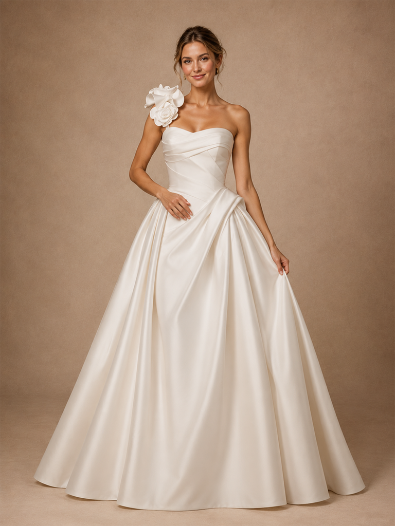 ChicSew Fancy One Shoulder 3D Flowers Ruching Satin A-Line Maxi Wedding Dress