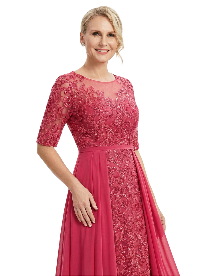 Chicsew Jewel Half Sleeve Lace Applique Chiffon A-Line Floor Length Mother of the Bride Dresses