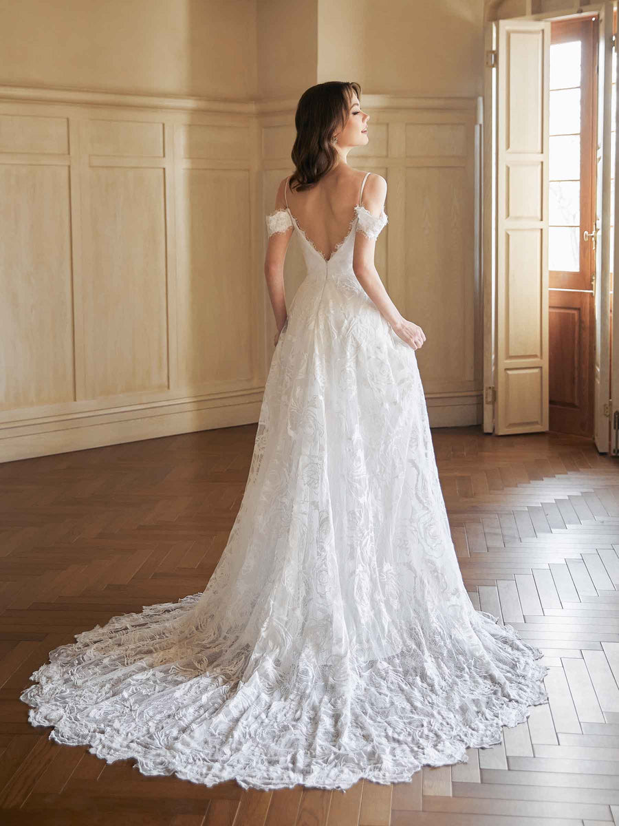 Sexy Side Split Cold Shoulder A-line Open Back V-neck Maxi Long Lace Wedding Dresses Online
