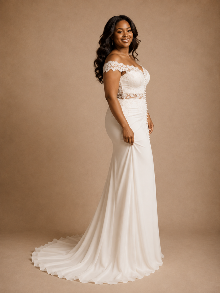 ChicSew Unique Off The Shoulder Lace Appliques Chiffon Long Mermaid Wedding Dress