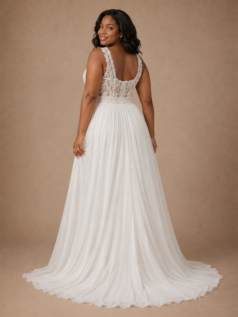 ChicSew Elegant Square Neck Lace Applique Chiffon Sleeveless A-Line Floor-Length Wedding Dress