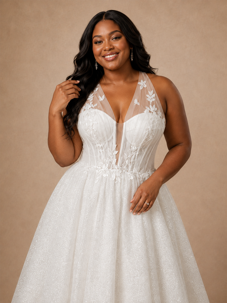 ChicSew Classy Halter Boning Glitter Tulle A-Line Ankle-Length Wedding Dress With Applique
