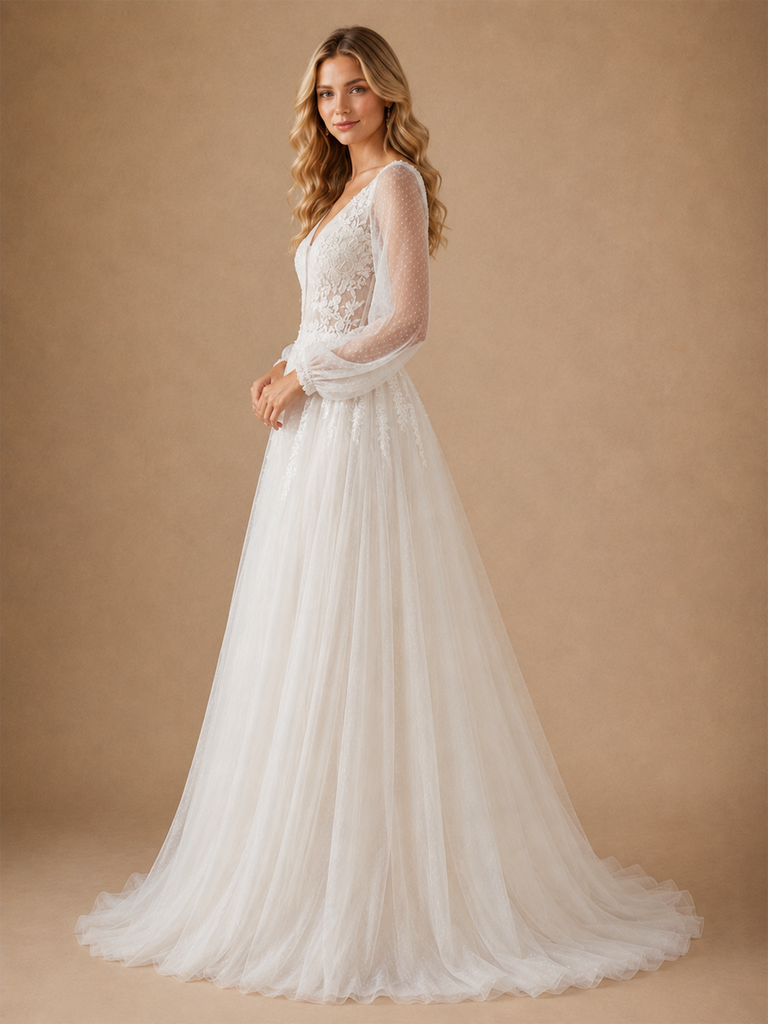 ChicSew Fancy V-Neck Tulle Long Sleeves Lace Maxi A-Line Wedding Dresses