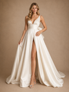 ChicSew Classy Sexy Deep V-Neck Side Slit Satin A-Line Maxi Long Wedding Dress