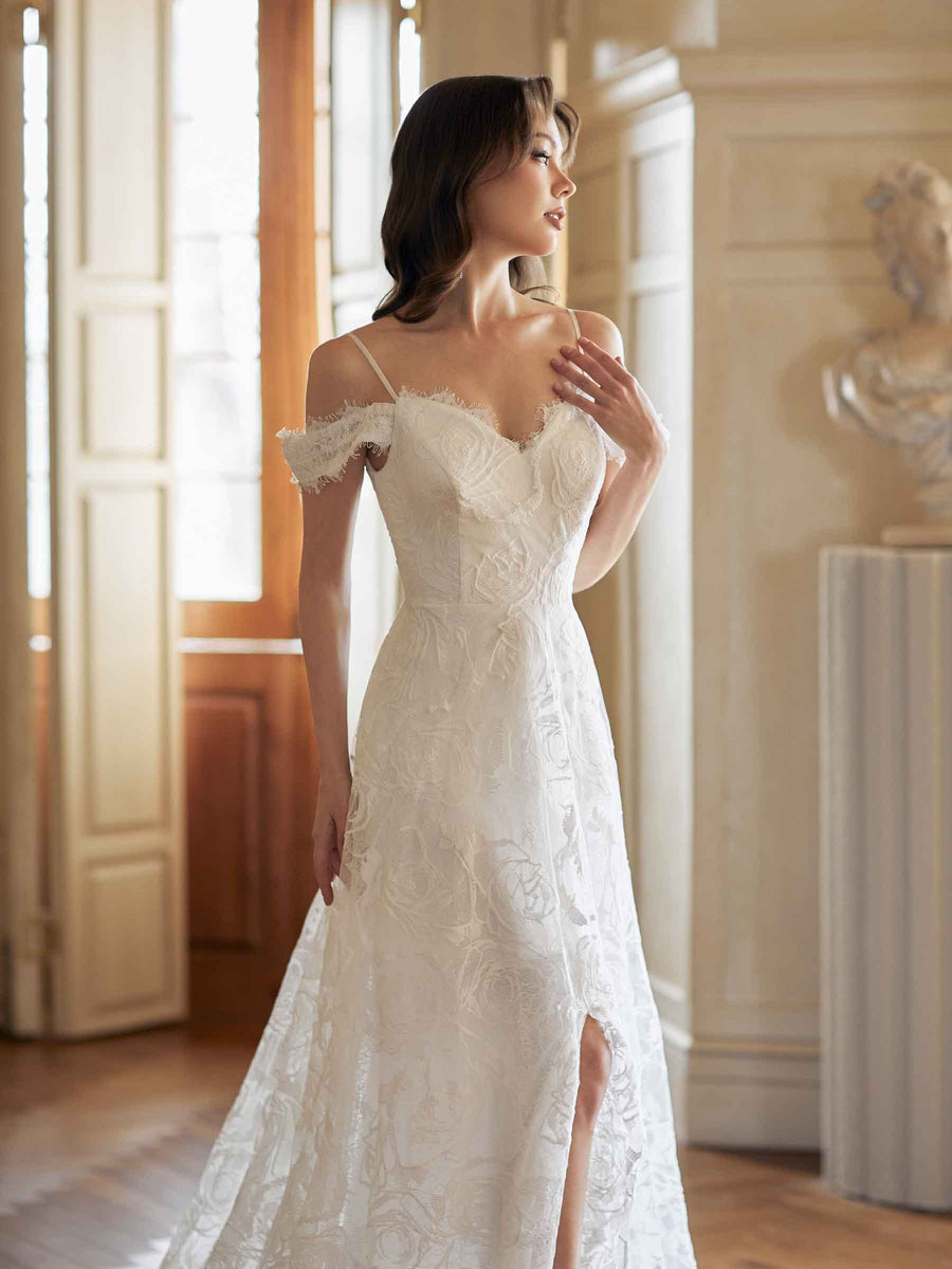 Sexy Side Split Cold Shoulder A-line Open Back V-neck Maxi Long Lace Wedding Dresses Online
