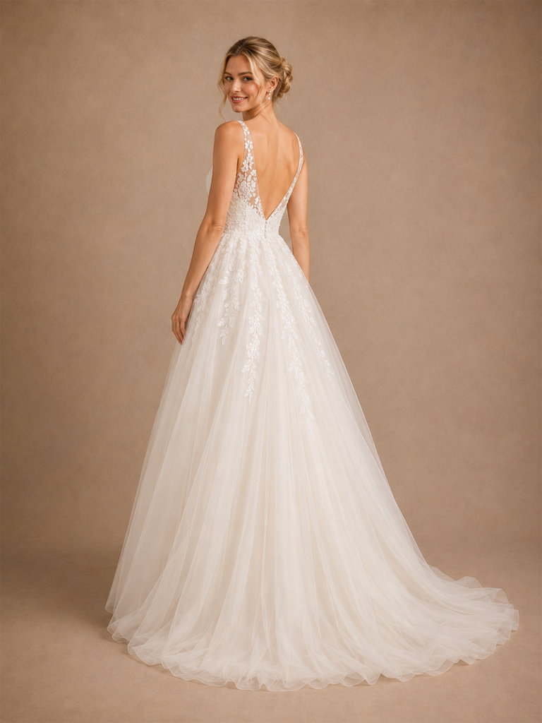 ChicSew Elegant Fancy Deep V-Neck A-Line Lace Tulle Maxi Long Wedding Dress