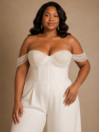 ChicSew Modern Crepe Off The Shoulder Floor-Length Wedding Jumpsuit With Rhinestone