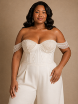 ChicSew Modern Off The Shoulder Boning Crepe Lace Appliques Long Wedding Jumpsuit