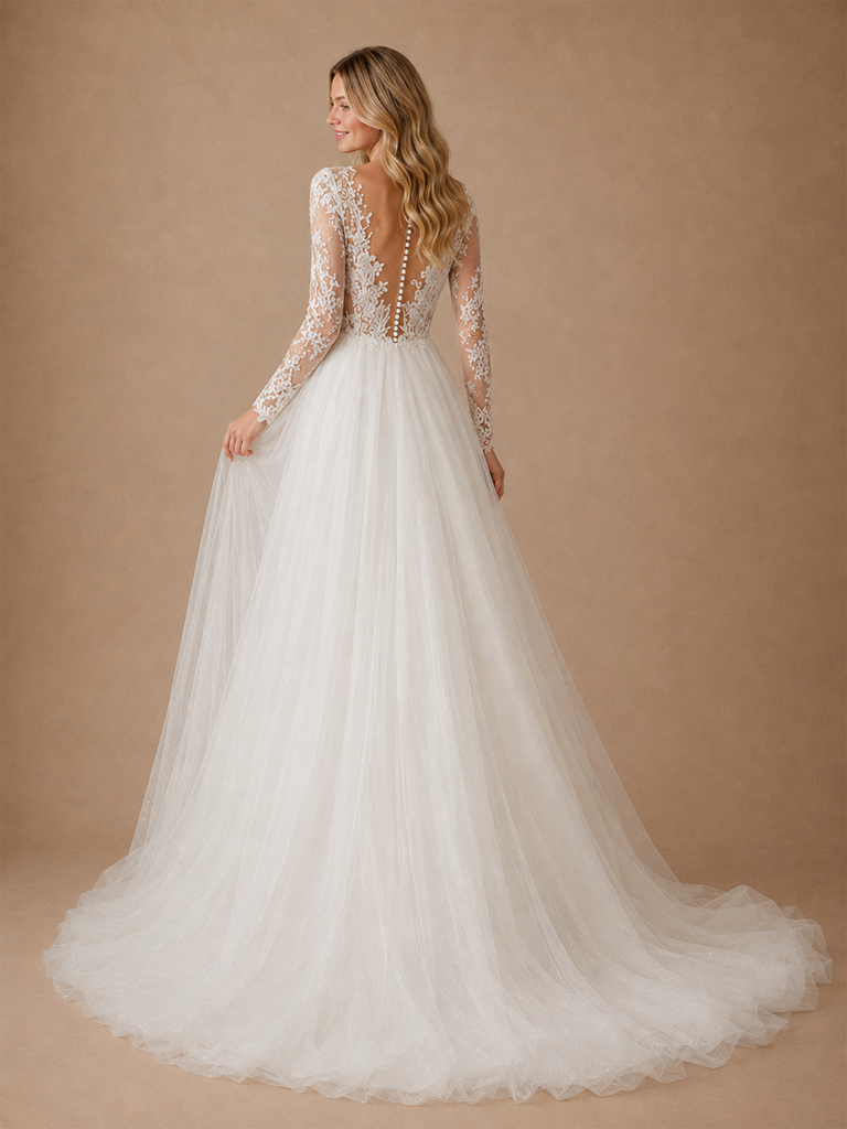 ChicSew Pretty Unique Lace Applique Deep V-Neck Long Sleeves Mini Sheath Wedding Dresses With Tulle Overskirt