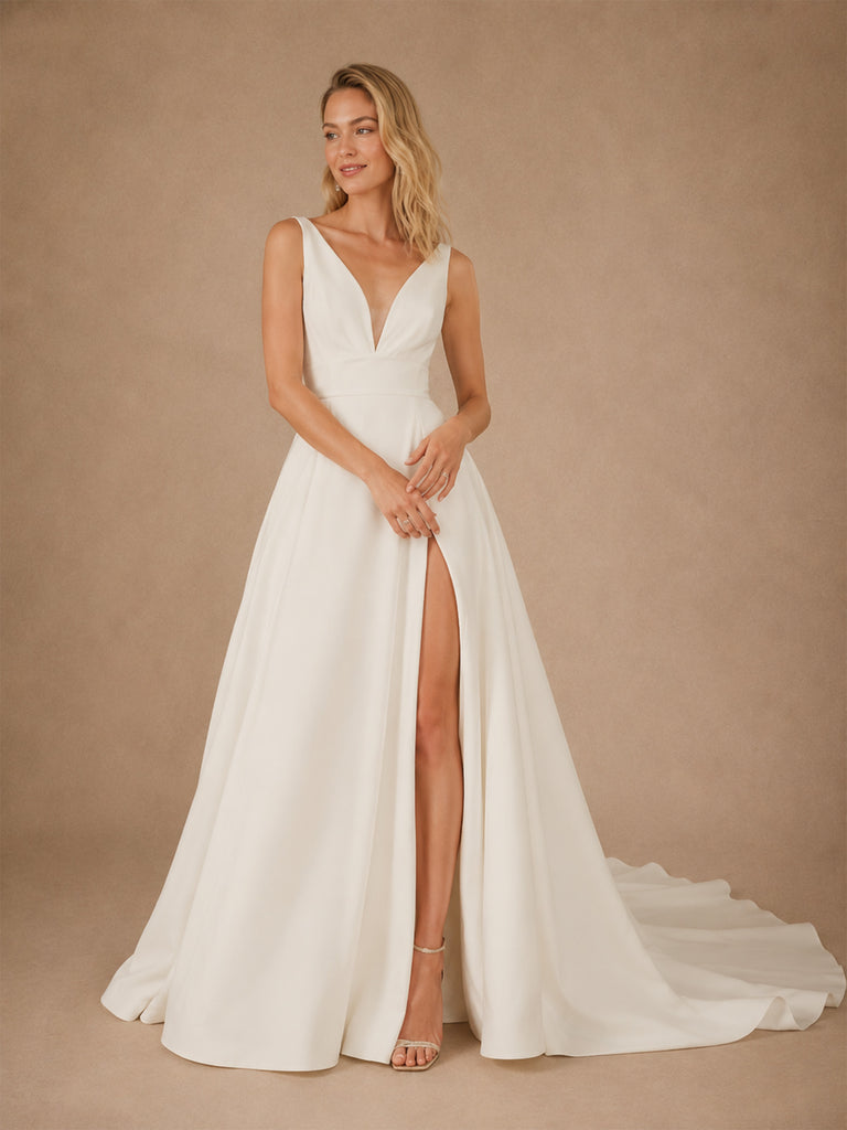 ChicSew Sexy Spaghetti Straps V-Neck A-Line Crepe Side Slit Maxi Wedding Dress