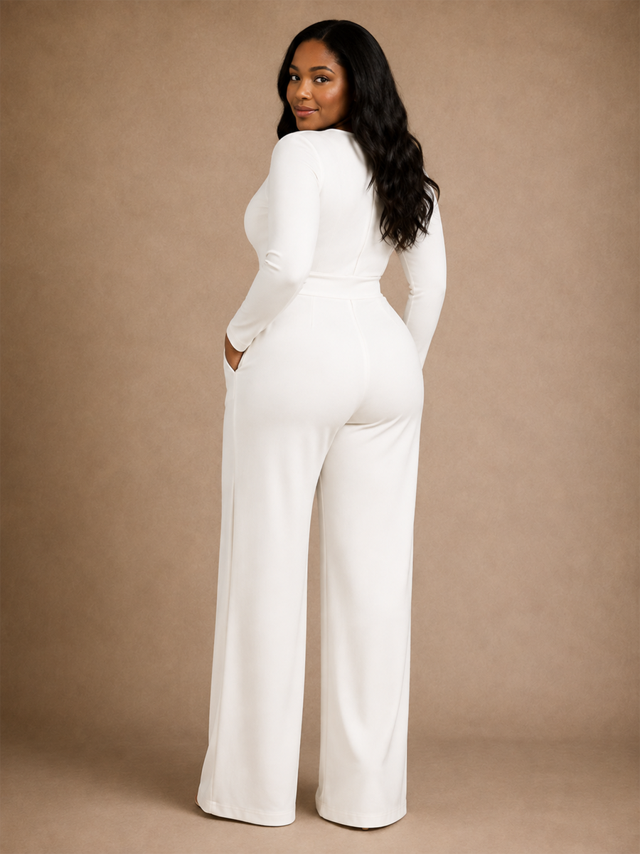 ChicSew Modern Sexy V-Neck Crepe Long Sleeves Floor-Length Wedding Jumpsuit
